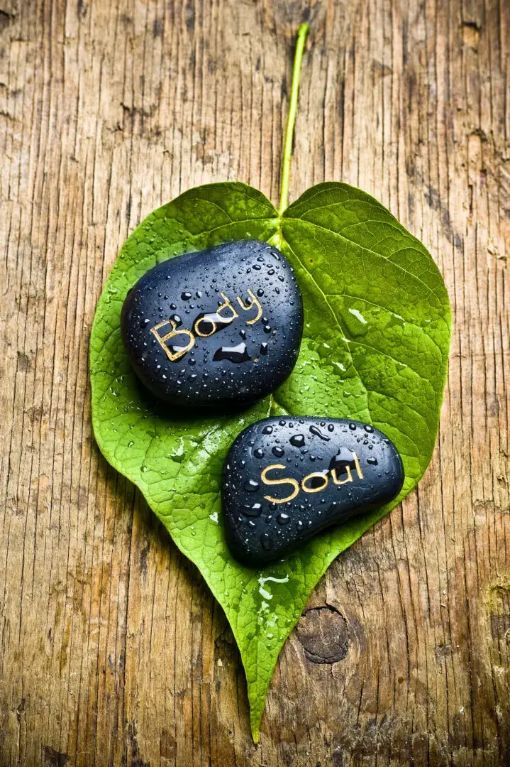 Two black stones with words on them sitting on a leaf.